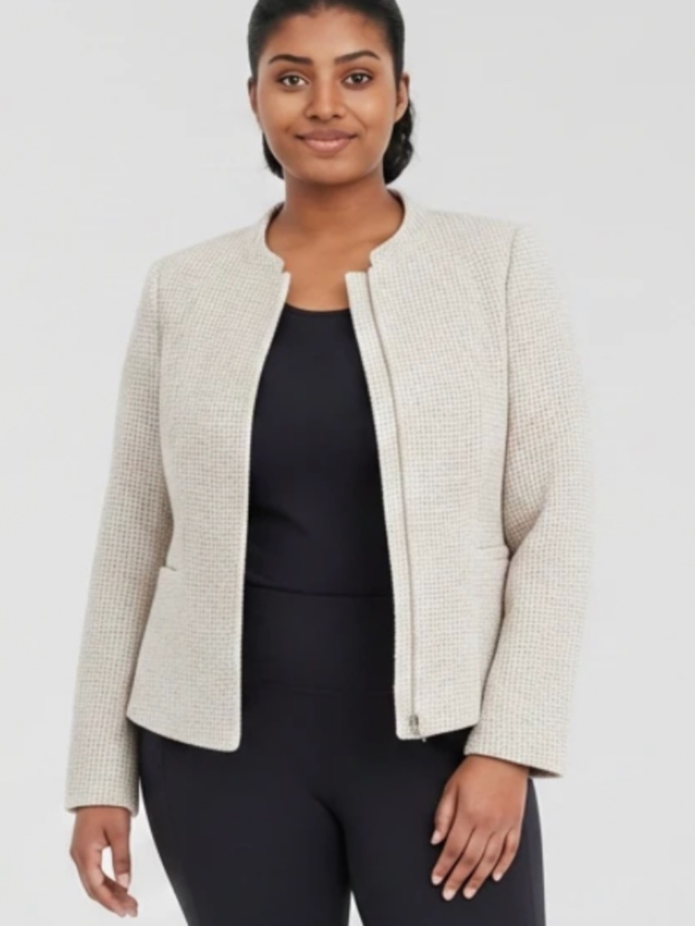 NWT Calvin Klein Cream & Gray Tweed Zip Up Jacket Size 10 Petite